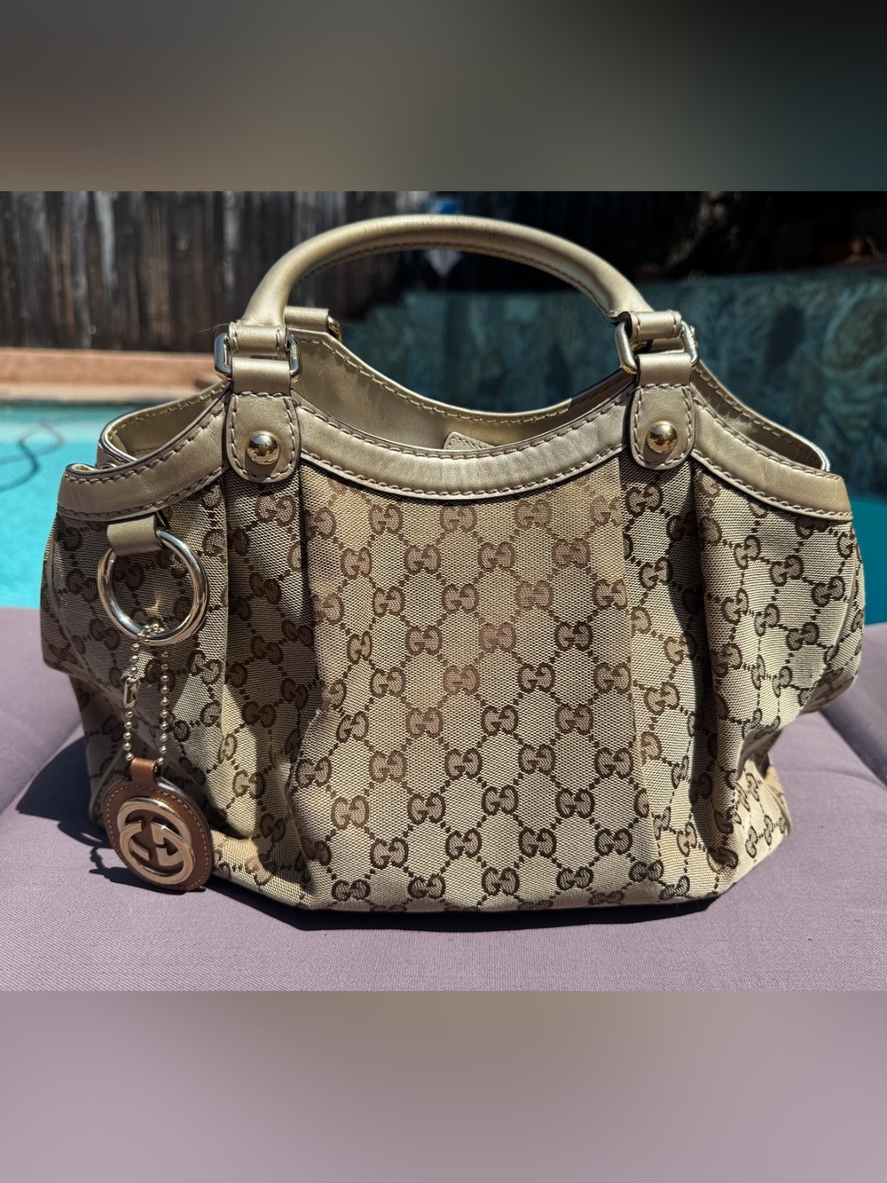 Authenticated Gucci Sukey Medium GG Canvas Tote Metallic Gold Leather 211944
